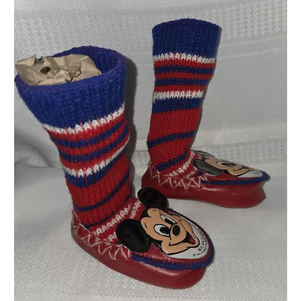 Disney Mickey Mouse Club Knit Slippers Socks Kids 4.5 Walt Disney VTG 60s 70s